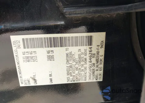 2012 Nissan Maxima 3.5 Sv z USA, uszkodzony, nr VIN 1N4AA5AP6CC846264